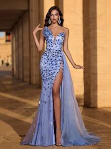 Glamrae Elegant Luxury Front Decorated Pearl Beads & Sequins Floral Pattern Sexy Side Slit Mermaid Tail Prom Dress With Side Cascading Ruffles, Suitable For Wedding, Singles Party, Vacation, Ball, Evening Gown (Heavy Version) - Blue - View 4