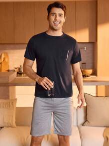 Manfinity Underwear&Sleepwear Basics Conjunto para el hogar para hombre, de mangas cortas y pantalones cortos, de unicolor - Azul Marino - Ver 4