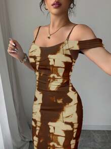 Elenzga 7 月 4 日假期夏季服装美人鱼鸡尾酒露肩连衣裙蓝色优雅修身性感毕业适度度假狂欢节外出露背荷叶边网眼针织。 - 咖啡 - 查看 5