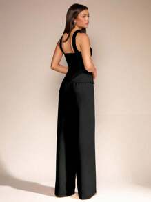 Glamine 2 件套女士夏季吊带上衣和阔腿裤套装，美人鱼风格办公室/工作服，通勤和休闲日常装秋季女装返校装 - 黑色 - 查看 2