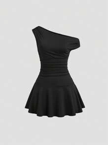 Sweetra 女士优雅通勤不对称领纯色短款连衣裙 - 黑色 - 查看 1