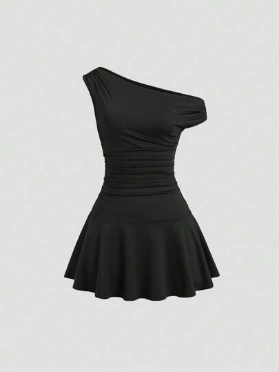 Sweetra 女士优雅通勤不对称领纯色短款连衣裙