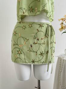 Sweetra 女士新款系带露背上衣和绿色迷你 A 字裙套装，适合海滩度假，春夏季 - 綠色 - 查看 3