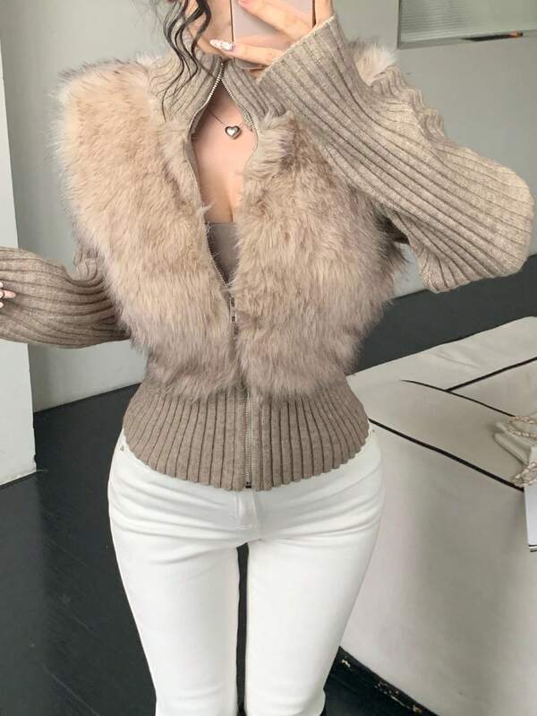 DAZY Thick Knitted Faux Fur Patchwork High Collar Zip-Up Cardigan Jacket For Women, Autumn/Winter