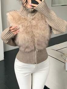 DAZY Thick Knitted Faux Fur Patchwork High Collar Zip-Up Cardigan Jacket For Women, Autumn/Winter