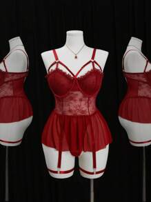 SHEIN 4pcs Plus Size Lace Contrast Mesh Sexy Lingerie Set - Burgundy - View 4