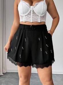 Elenzga Damen Große Größen Shorts mit Perlen Dekor und Spitzenbesatz - Schwarz - Übersicht 1