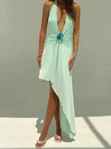 Aloruh Váy hở lưng cổ chữ V họa tiết hoa 3D cho kỳ nghỉ hè dành cho nữ - Hồng - Xem 5