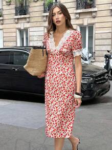 Chiquease 女士优雅花卉荷叶边领泡泡袖中长款度假连衣裙，夏季连衣裙，亮红色点缀，适合大学校园穿着 - 紅色 - 查看 1