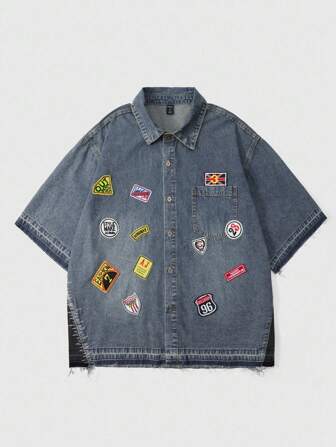 Prep Camisa vaquera casual de hombre con hombros caídos, corte holgado, bolsillos de patchwork, ropa de calle para el verano