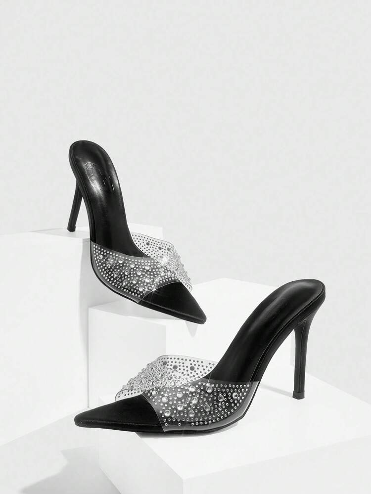 CUCCOO SZL Women's Pointed Toe Sexy Fashion High Heel Transparent TPU Rhinestone Studded Mules