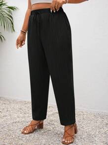 SHEIN PETITE CURVE Tapered Black Plain Plus Size Pants In Woven Fabric For Everyday Comfort Elastic Waist Pants Textured Pants,Fall Clothes For Women
