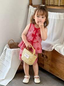 SHEIN 2 件套女婴幼儿 0-3 岁夏季休闲度假格子雏菊刺绣无袖上衣 + 短裤套装，红色 - 紅色 - 查看 4