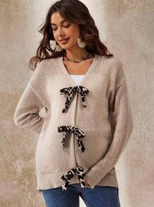 Boho Mama Maternity Leopard Print Twist Front Drop Shoulder Lightweight Cardigan  Fall Clothes  Boho Maternity Maternity Sweater Leopard Print Maternity Sweater Fall Winter Clothes Maternity Sweater Cute Bow