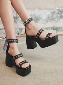 Sugerpunk Women's Punk Rock Metal Decor Buckle High Heel Thick Platform Party Sexy - Black - View 3