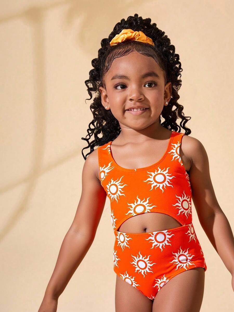 SHEIN Tween Girl Knit Hollow-Out One-Piece Swimsuit With Sun Pattern - Orange - View 1