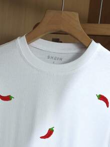 INAWLY Women's Fitted Crew Neck T-Shirt With Chili Pepper Embroidery Design - White - View 4