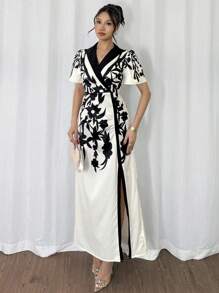Modelyn Đầm suông tay bồng họa tiết hoa cổ chữ V thanh lịch thường ngày cho nữ - Nhiều màu - Xem 4
