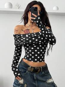 Coolane 女式秋季/四季狂欢街头休闲 Y2K 日常穿着波尔卡圆点黑色修身露肩长袖短款上衣 - 黑色 - 查看 3