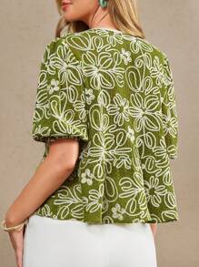 Amorya 女士前系带泡泡袖可爱刺绣度假优雅衬衫，适合情人节、返校季、女教师等场合穿着。 - 綠色 - 查看 2