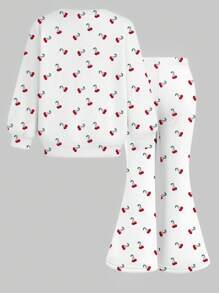 迷你樱桃印花，樱桃女孩，复古樱桃图案，女婴休闲针织柔软套头衫套装，适合秋冬季节、返校季、Y2K、秋季服装、90年代主题派对樱桃睡衣，女婴睡衣，女婴睡衣套装，女童樱桃睡衣，女婴睡衣套装 - 彩色 - 查看 4