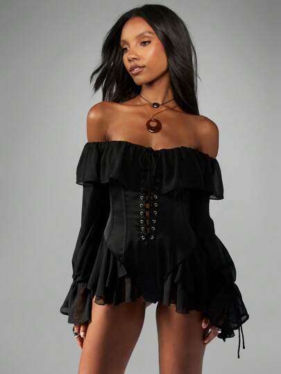 Missguided Off Shoulder Milkmaid Bodysuit Corset Style Long Bell Sleeve Ruffle Trim Festival Renaissance Costume Gothic Formal Occasion Outfit Autumn
