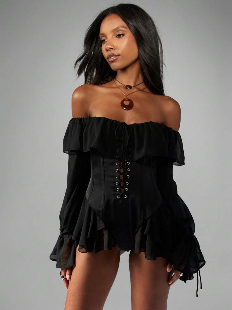 MISSGUIDED オフショルダー ミルクメイド ボディースーツ コルセット調 長袖ベルスリーブ フリル付き フェスティバル ルネサンス コスチューム ゴシック フォーマルオケージョン アウトフィット 秋冬