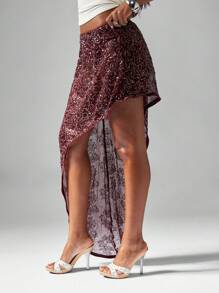 MISSGUIDED Jupe longue asymétrique en dentelle pailletée taille haute pour soirée, fête, mariage, invité. Jupe longue festive et élaborée