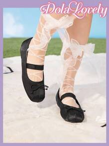 Dola Lovely 1 双女士粉色蝴蝶结水钻平底玛丽珍鞋，百搭，适合外出、散步，穿着舒适 - 黑色 - 查看 5