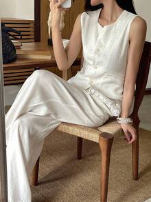 DAZY 2pcs/Set Summer Casual Lace Patchwork Camisole And Wide Leg Pants Set For Women Lounge Sets For Women Short Sets For Women - Beige - View 7