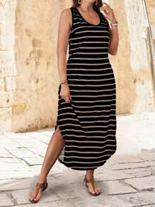 Breezaya Plus Size Casual Striped Sleeveless Split Hem Dress, Summer Maxi Women Outfit - Multicolor - View 4