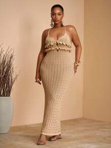 Veslaya 2025 Frühling Sommer Neuheiten, einfarbiges aprikotfarbenes ärmelloses figurbetontes Kleid mit tiefem Ausschnitt, Rüschen und Einsätzen, geeignet für Urlaub, romantische Dates, elegante Partys, Hochzeiten, Abschluss, Große Größen gehäkeltes Maxikleid, gestricktes Maxikleid, Urlaubsabendkleid, Muschelkleid