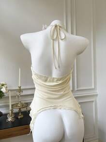 Comfortcana 女士Grunge风格性感纯色奶油黄深V尖角下摆开衩修身金属环吊坠项链上衣 - 黃色 - 查看 2