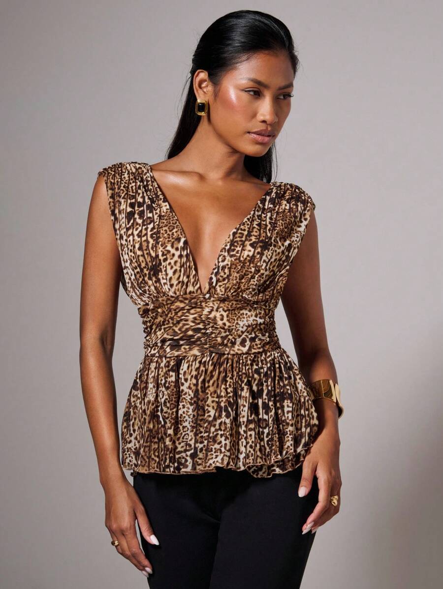 COSMINA 四季女式性感优雅豹纹深 V 领露背系带荷叶边上衣，外出上衣 - 棕色 - 查看 1