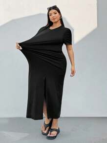 Solflare Casual Versatile Black Split Short Sleeve Plus Size Dress