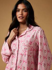 MISSGUIDED Bộ đồ ngủ tay dài mùa đông in họa tiết nơ hoa cài nút cổ lọ Bộ đồ ngủ mặc ở nhà thoải mái làm quà tặng ngày lễ tình nhân - Nhiều màu - Xem 3