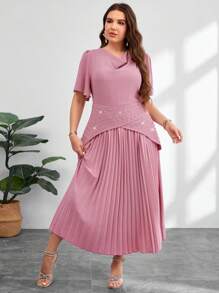 Modelyn Váy xếp ly đính đá pha lê thanh lịch cỡ lớn mùa hè - Màu tím hoa cà - Xem 8