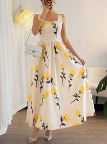 Elenzga 女式夏季度假花卉印花圆领束腰长裙 - 彩色 - 查看 6