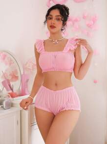 PetitDoll 2pcs Women Elegant Cute Mesh Ruffle Bra And Panty Set