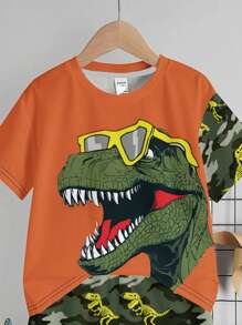 SHEIN 2pcs Boy Casual Minimalist Round Neck Short Sleeve T-Shirt And Shorts Set, Summer - Multicolor - View 5