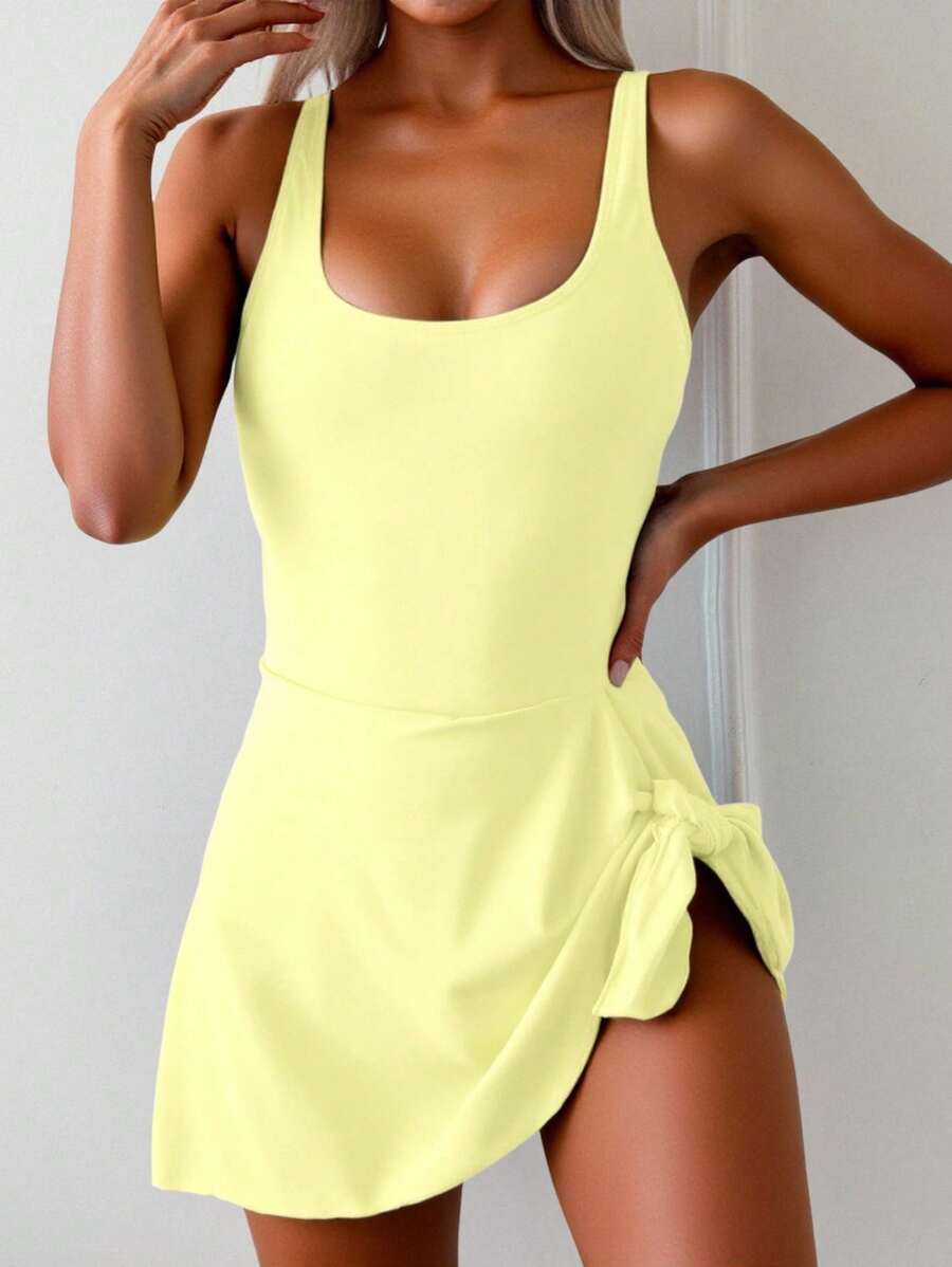 Swim Basics Women's Solid Color Side Knot One-Piece Swimsuit, Vacation For Summer - Yellow - View 1
