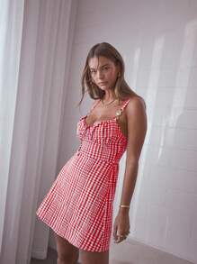 Aralina 格纹链条肩带前系带紧身胸衣夏季迷你连衣裙