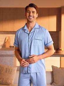Manfinity Underwear&Sleepwear Basics Heren Blauw Korte mouwen En Lang Broeken Huiskleding Sets