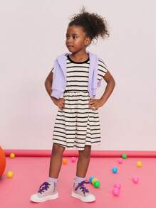 SHEIN Young Girl Simple Comfortable Fitted Casual Round Neck Contrast Stripe Waist Midi Dress ,Back To School Season, Christmas - Black and White - View 2
