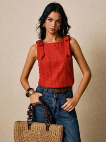 Poéselle 女式休闲无袖上衣，肩部有刺绣和结饰 - 紅色 - 查看 4