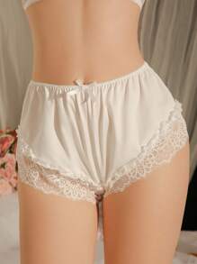 Cute-Sweet White Fabric Plain Boyshort Briefs With Contrast Lace And Bow Detail Medium Stretch - White - View 3
