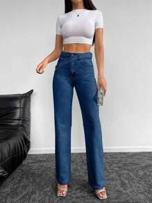 EURMUSE Women's Casual Washed Rhinestone Straight Leg Jeans - Dusty Blue - View 5