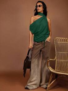 COSMINA 女士优雅通勤卡其色不对称肩上衣，春夏 - 墨綠色 - 查看 3