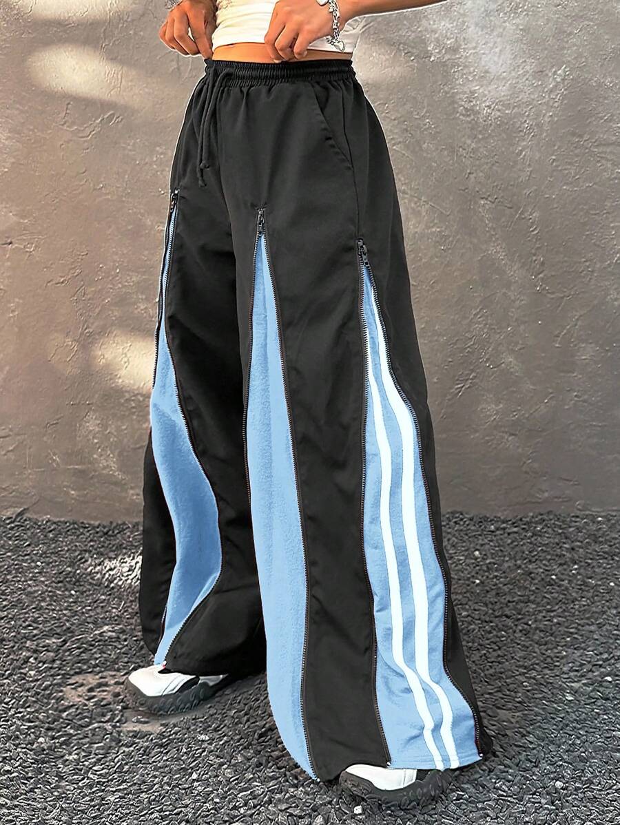 SHEIN Coolane 少女秋季服装，街头风，蓝色宽松高腰直筒阔腿运动裤，返校季，返校节，价格实惠 - 黑色 - 查看 1