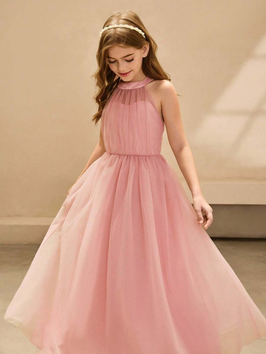 女童礼服公主风格无袖生日派对薄纱礼服，适合花童/婚礼/钢琴演奏会 - 粉色 - 查看 1